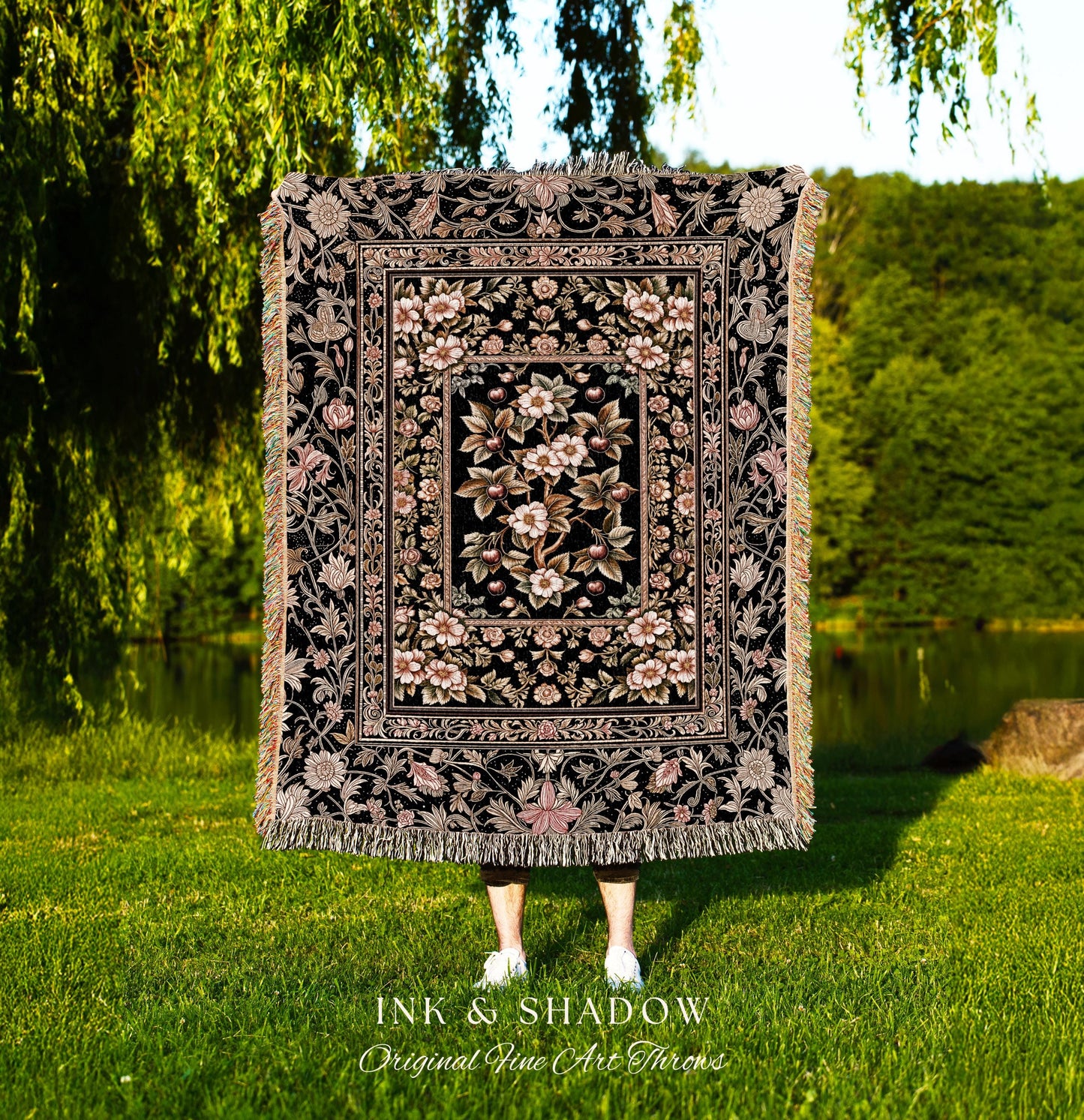 Maximalist Cherry Blossom Woven Tapestry | Moody Gothic Garden Decor Romantic Floral Fruit Throw Blanket Victorian Style Botanical Home Boho