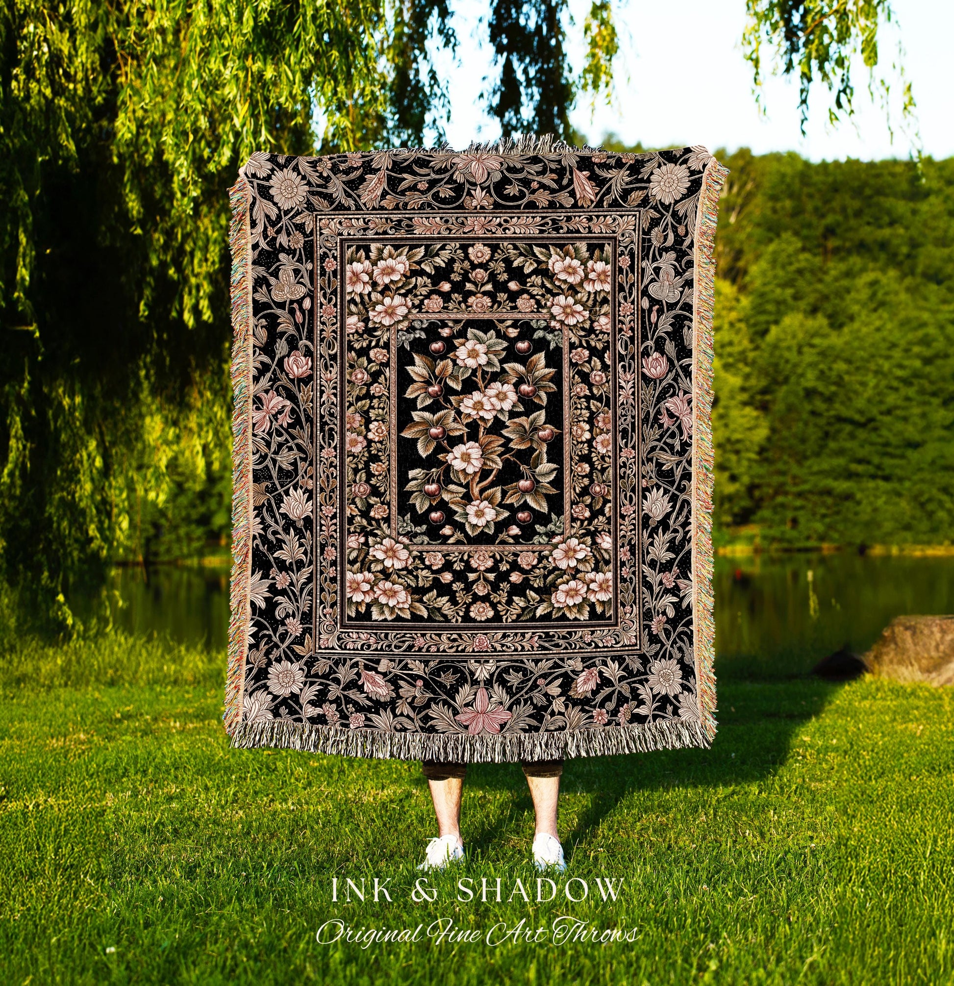 Maximalist Cherry Blossom Woven Tapestry | Moody Gothic Garden Decor Romantic Floral Fruit Throw Blanket Victorian Style Botanical Home Boho