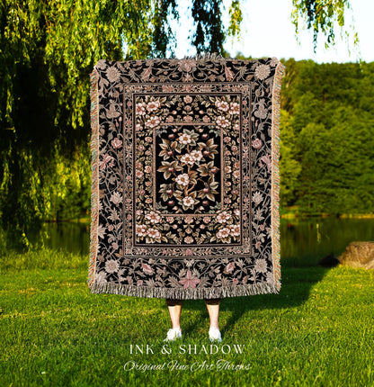 Maximalist Cherry Blossom Woven Tapestry | Moody Gothic Garden Decor Romantic Floral Fruit Throw Blanket Victorian Style Botanical Home Boho