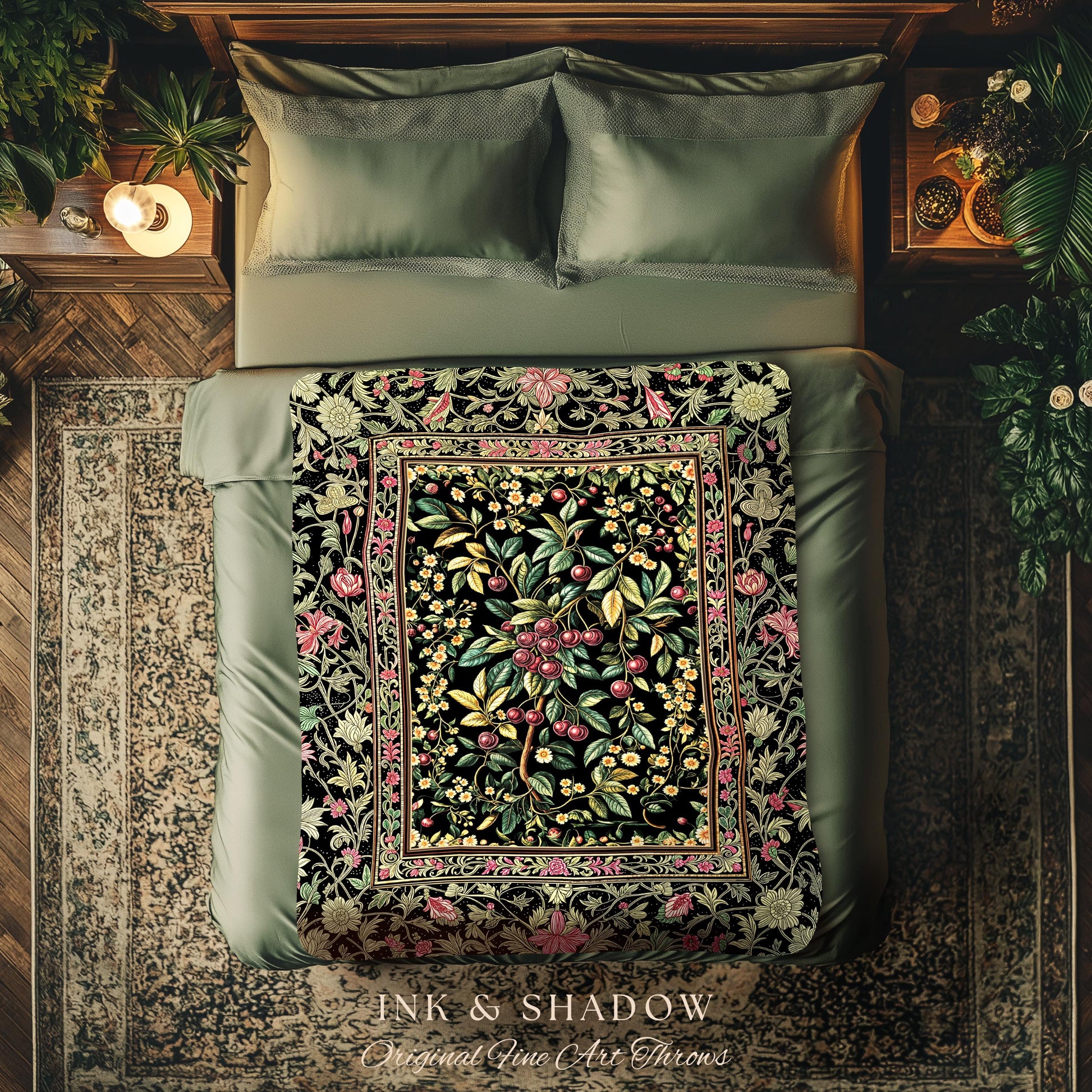 Gothic Elegance Cherry Throw Blanket | Victorian Cottagecore Decor Baroque Floral Style Gothic Garden Woven Tapestry Romantic Dark Ethereal