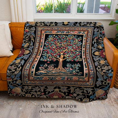 Medieval Cherry Tree of Life Throw Blanket | Baroque Botanical Pattern Romantic Gothic Woven Tapestry Fruit Accent Maximalist Home Decor |