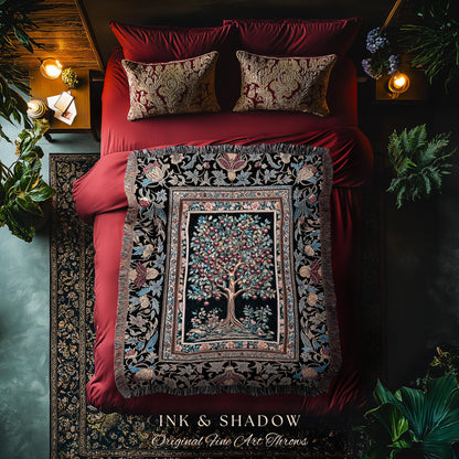 Medieval Cherry Tree of Life Throw Blanket | Baroque Botanical Pattern Romantic Gothic Woven Tapestry Fruit Accent Maximalist Home Decor |