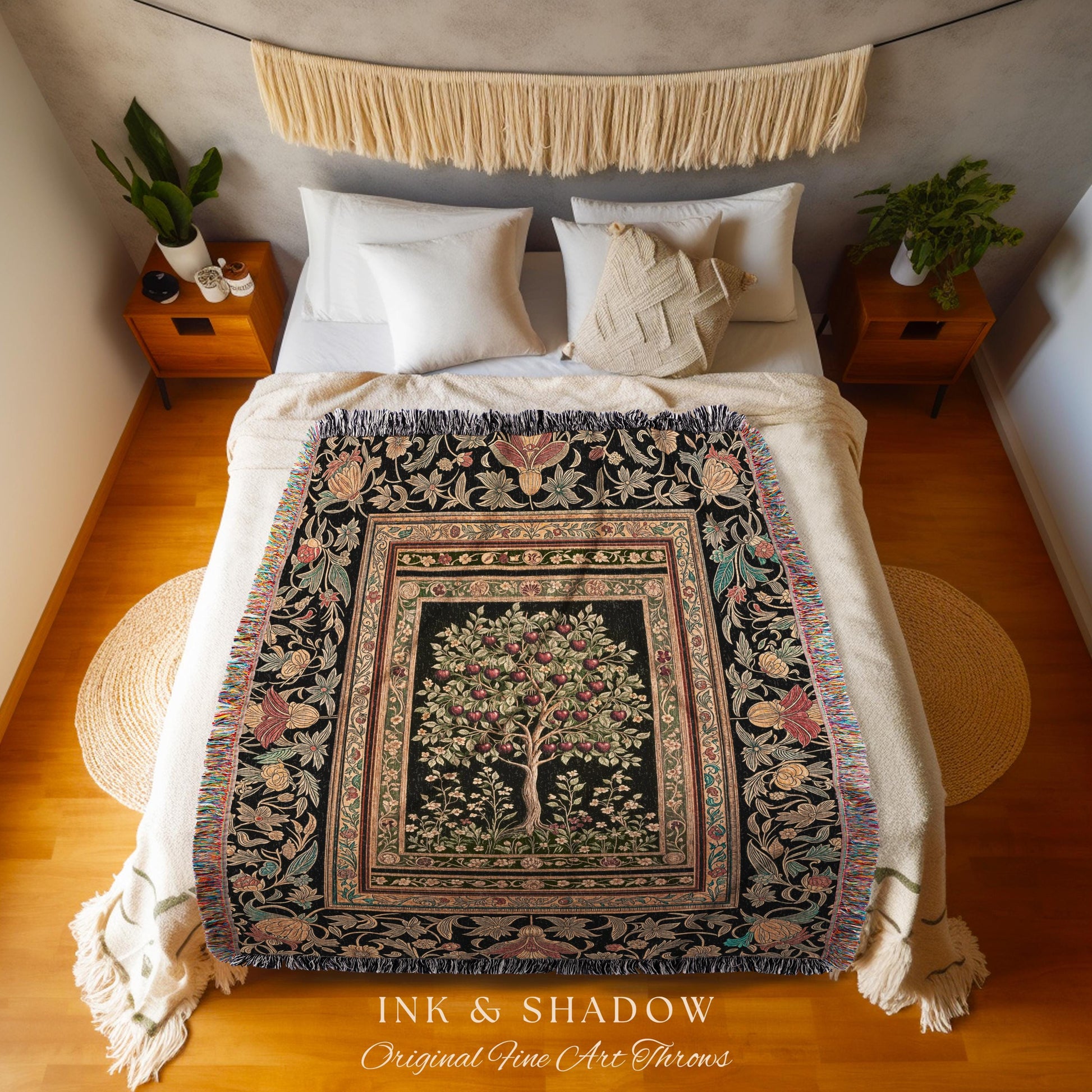 Rustic Garden Tree of Life Throw Blanket | Medieval Floral Motif Gothic Botanical Decor Romantic Baroque Woven Tapestry Cherry Aesthetic |