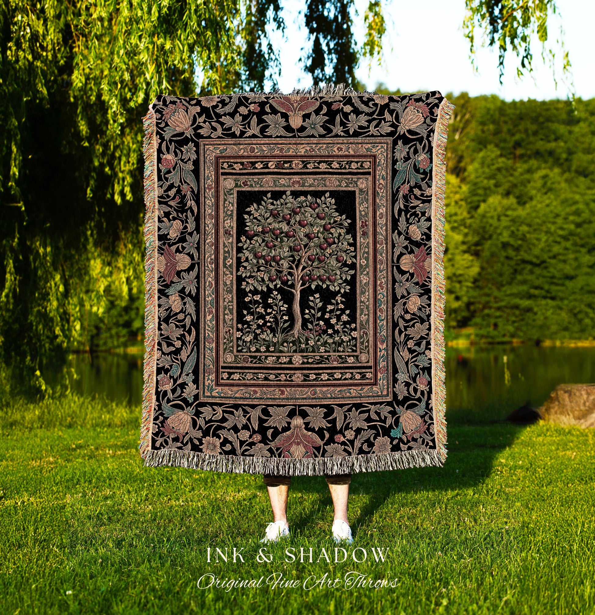 Rustic Garden Tree of Life Throw Blanket | Medieval Floral Motif Gothic Botanical Decor Romantic Baroque Woven Tapestry Cherry Aesthetic |