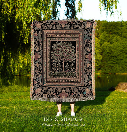 Rustic Garden Tree of Life Throw Blanket | Medieval Floral Motif Gothic Botanical Decor Romantic Baroque Woven Tapestry Cherry Aesthetic |