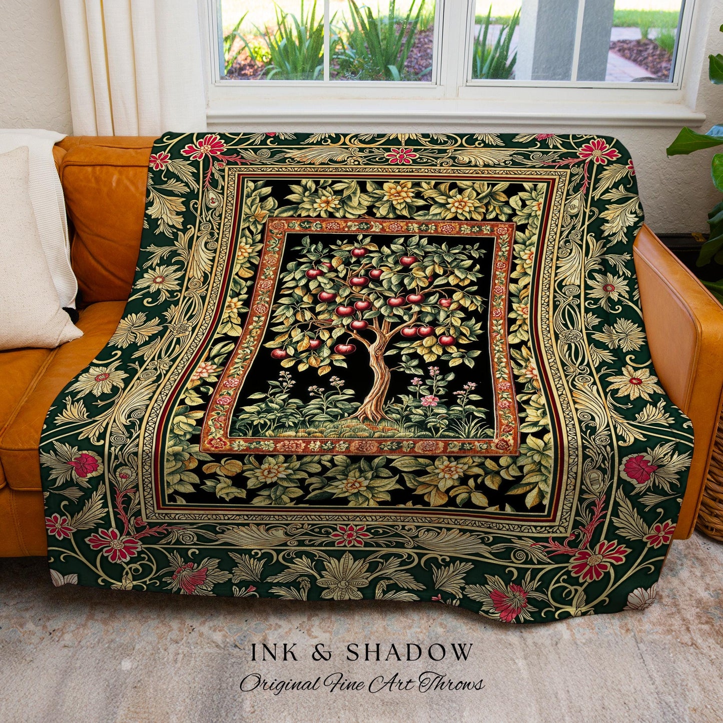 Storybook Gothic Cherry Tree Woven Tapestry | Romantic Woodland Botanical Fruit Design Ornate Floral Throw Blanket Baroque Accent Medieval |