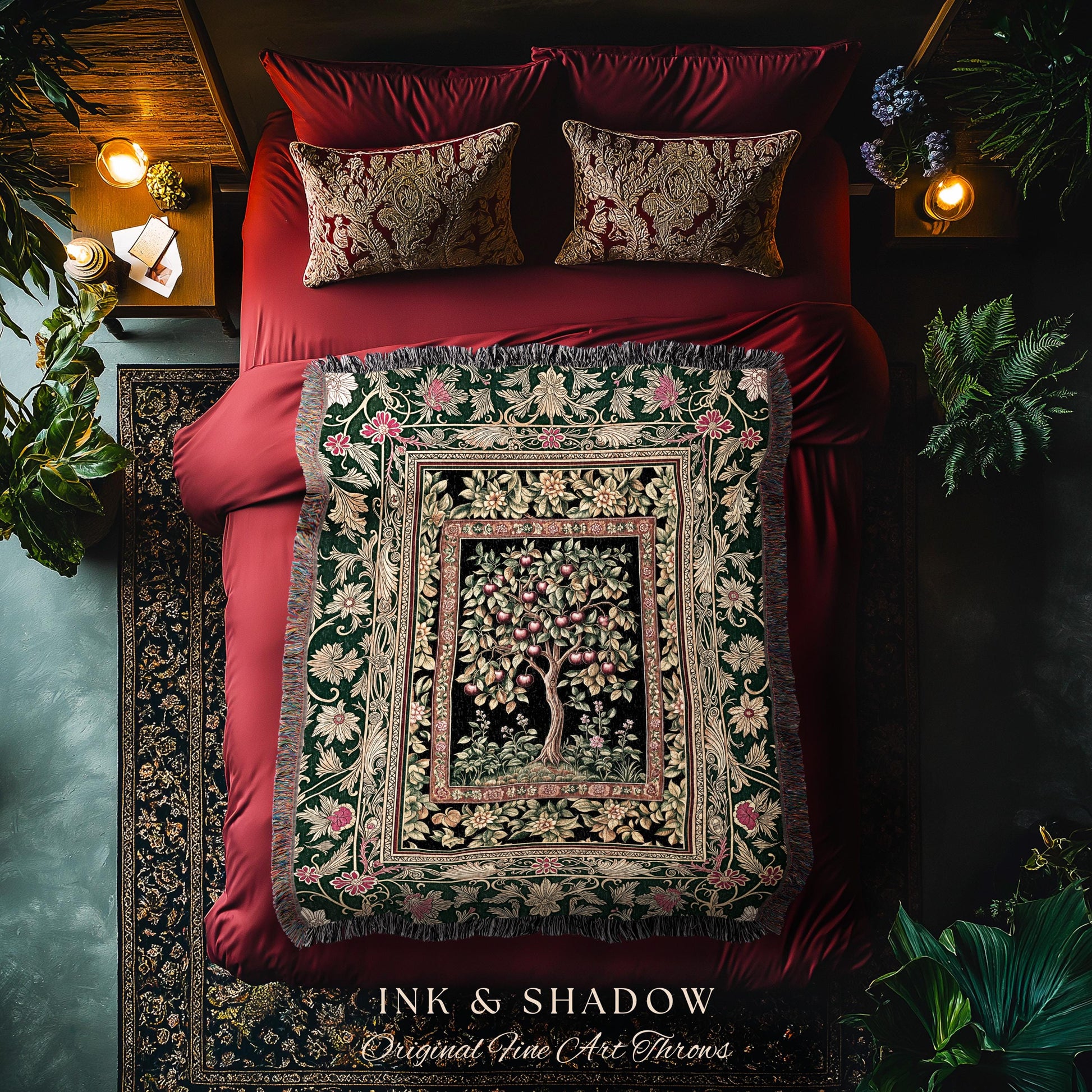 Storybook Gothic Cherry Tree Woven Tapestry | Romantic Woodland Botanical Fruit Design Ornate Floral Throw Blanket Baroque Accent Medieval |