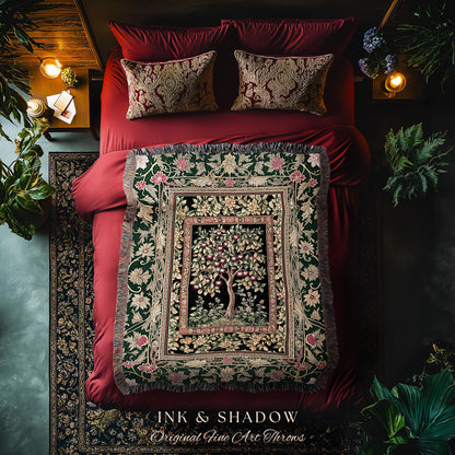 Storybook Gothic Cherry Tree Woven Tapestry | Romantic Woodland Botanical Fruit Design Ornate Floral Throw Blanket Baroque Accent Medieval |