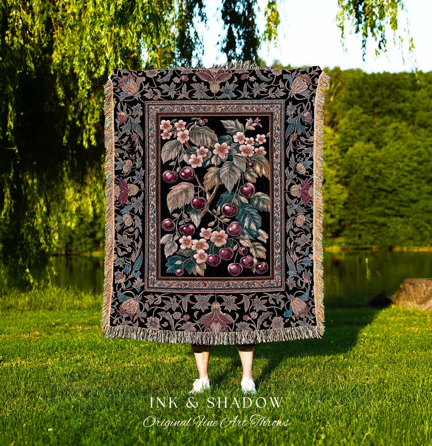 Dark Romantic Cherry Blossom Throw Blanket | Vintage Botanical Gothic Floral Design Moody Garden Accent Baroque Cottagecore Woven Tapestry |