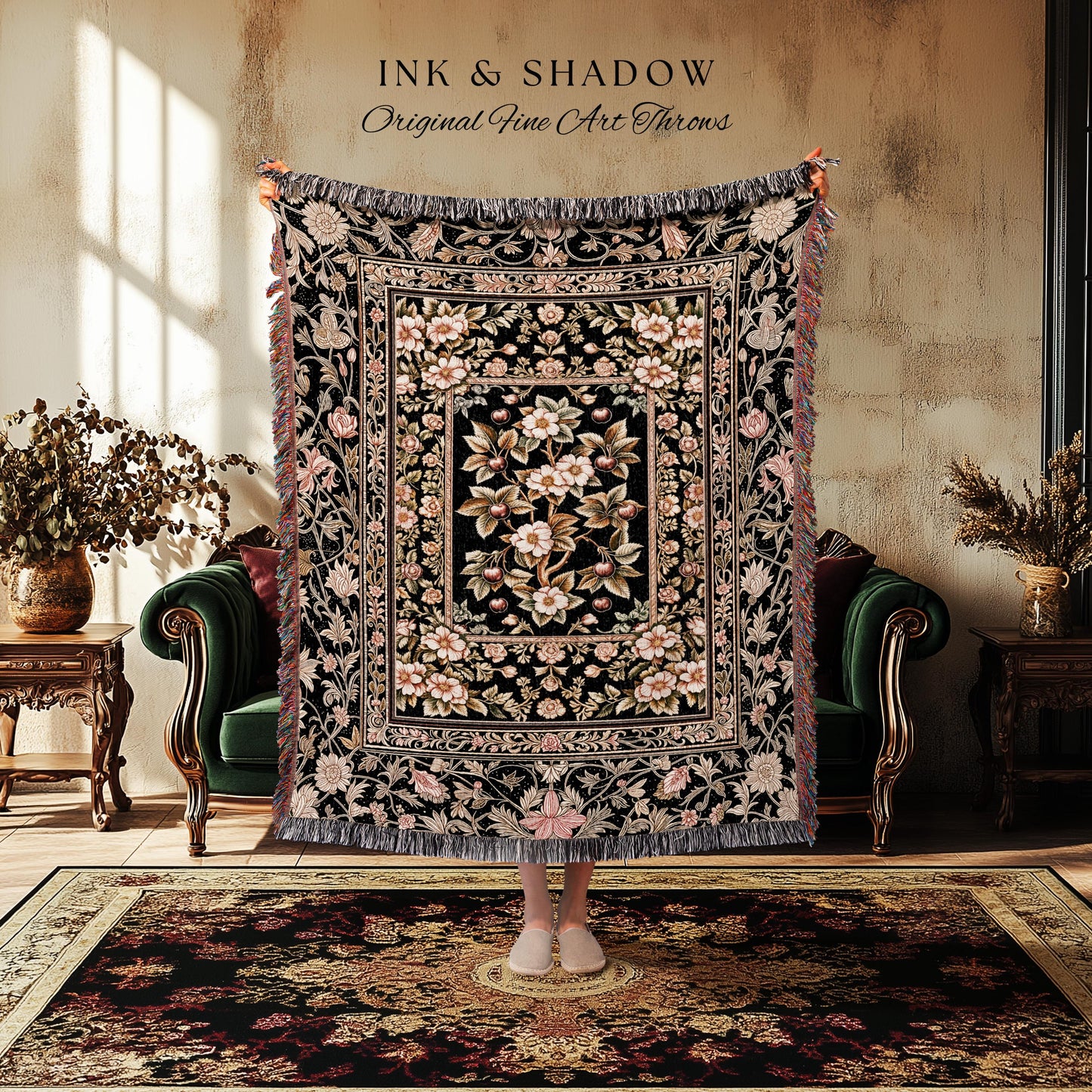 Maximalist Cherry Blossom Woven Tapestry | Moody Gothic Garden Decor Romantic Floral Fruit Throw Blanket Victorian Style Botanical Home Boho