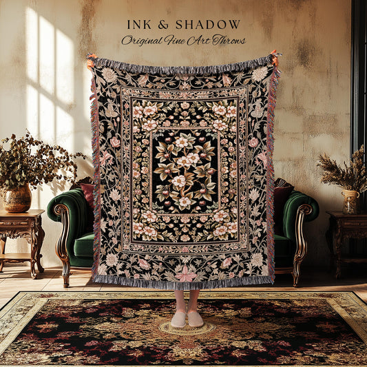 Maximalist Cherry Blossom Woven Tapestry | Moody Gothic Garden Decor Romantic Floral Fruit Throw Blanket Victorian Style Botanical Home Boho