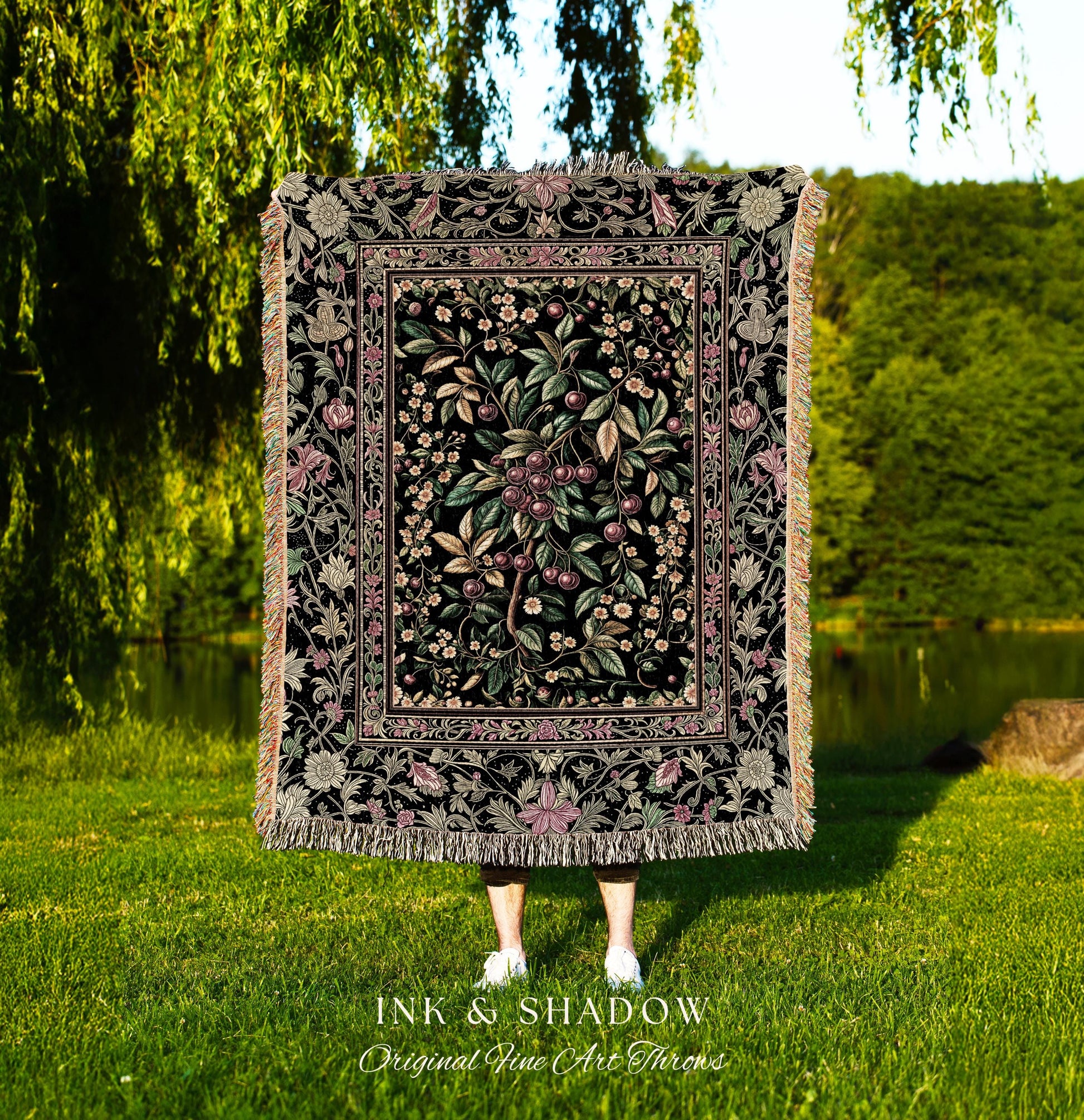Gothic Elegance Cherry Throw Blanket | Victorian Cottagecore Decor Baroque Floral Style Gothic Garden Woven Tapestry Romantic Dark Ethereal