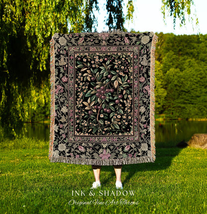 Gothic Elegance Cherry Throw Blanket | Victorian Cottagecore Decor Baroque Floral Style Gothic Garden Woven Tapestry Romantic Dark Ethereal