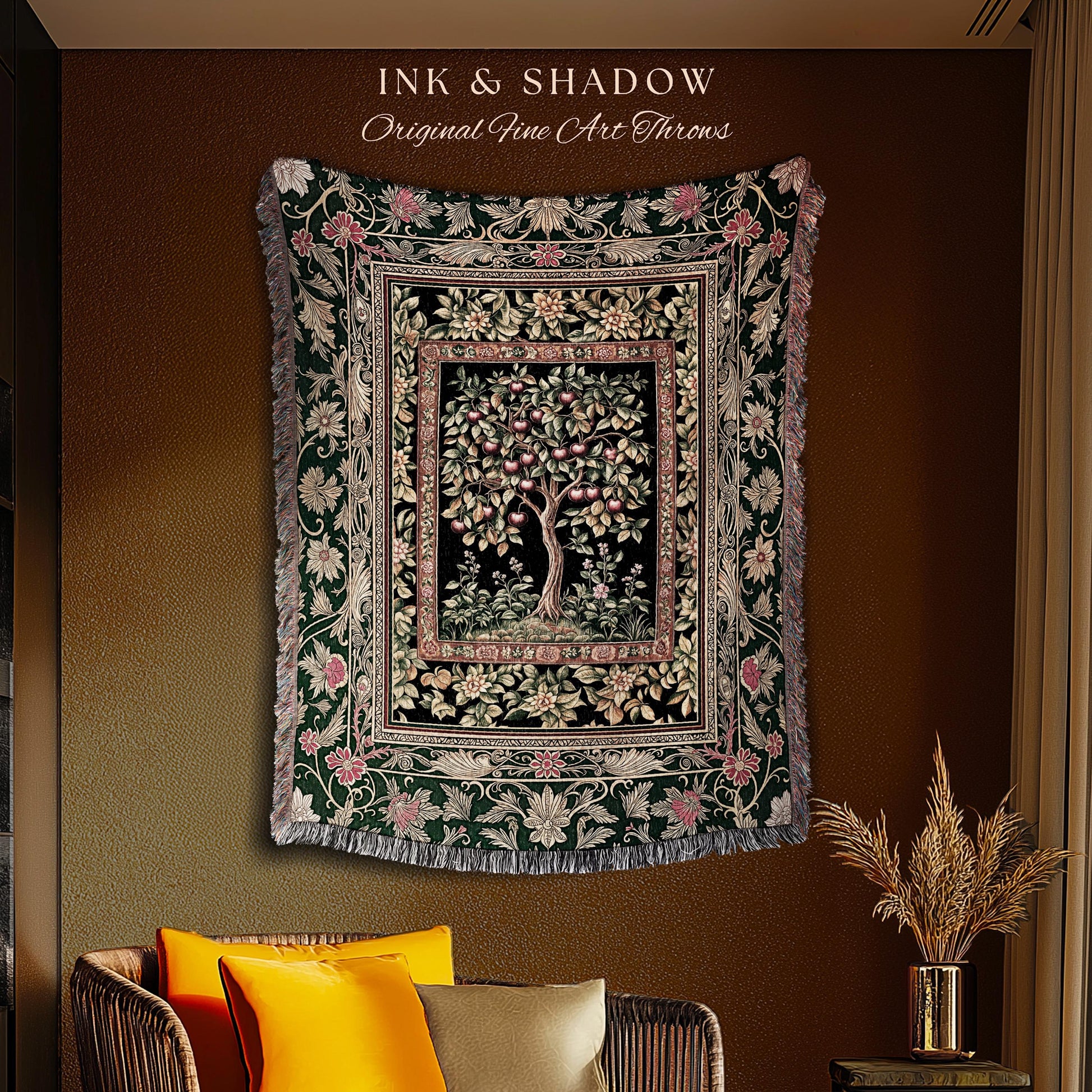 Storybook Gothic Cherry Tree Woven Tapestry | Romantic Woodland Botanical Fruit Design Ornate Floral Throw Blanket Baroque Accent Medieval |