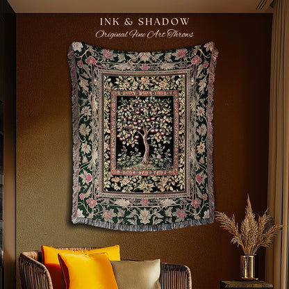 Storybook Gothic Cherry Tree Woven Tapestry | Romantic Woodland Botanical Fruit Design Ornate Floral Throw Blanket Baroque Accent Medieval |