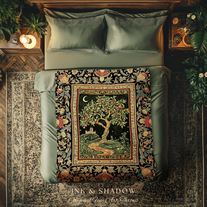 Moonlit Magic Whimsical Tree Blanket | Celestial Forest Midnight Aesthetic Folklore Fairy Tale Decor Medieval Style Woven Tapestry Throw |