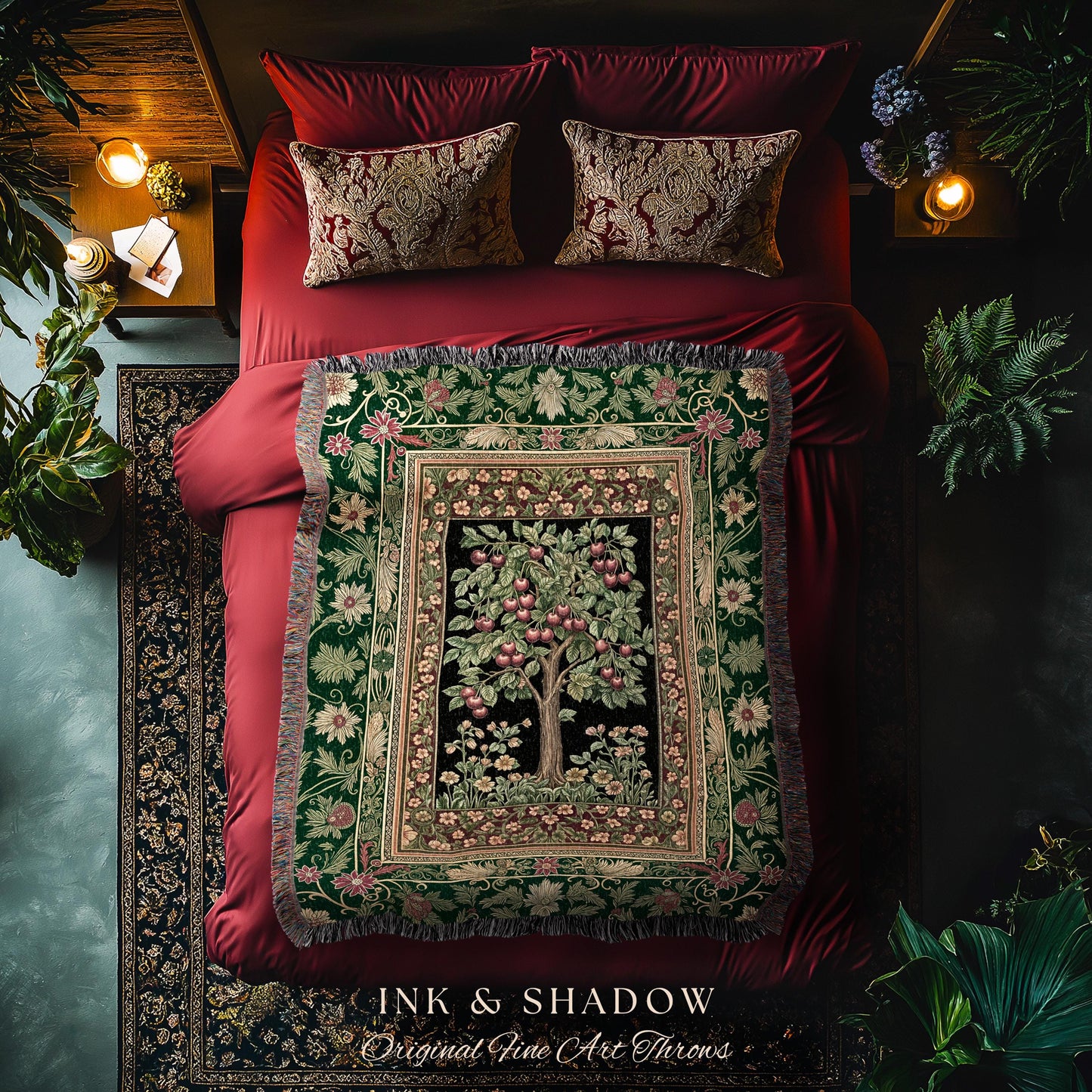 Woodland Folklore Tree of Life Throw Blanket | Romantic Botanical Decor Vintage Garden Baroque Floral Style Cottagecore Woven Wall Tapestry