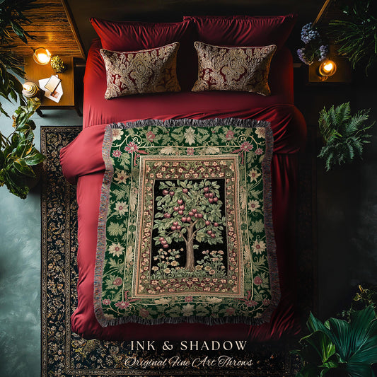Woodland Folklore Tree of Life Throw Blanket | Romantic Botanical Decor Vintage Garden Baroque Floral Style Cottagecore Woven Wall Tapestry