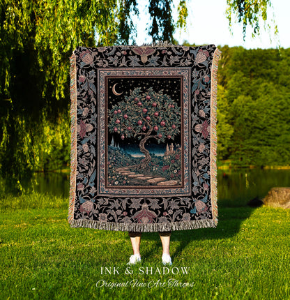 Twilight Orchard Tree Life Tapestry | Enchanted Harvest Aesthetic Crimson Moonlit Medieval Magic Style Eclectic Woven Throw Blanket Witchy |