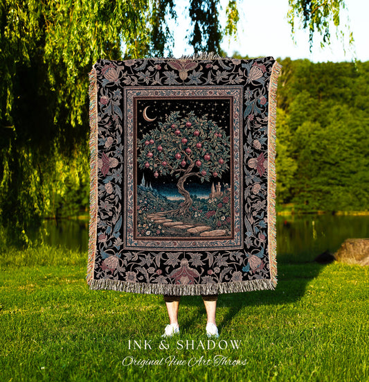 Twilight Orchard Tree Life Tapestry | Enchanted Harvest Aesthetic Crimson Moonlit Medieval Magic Style Eclectic Woven Throw Blanket Witchy |
