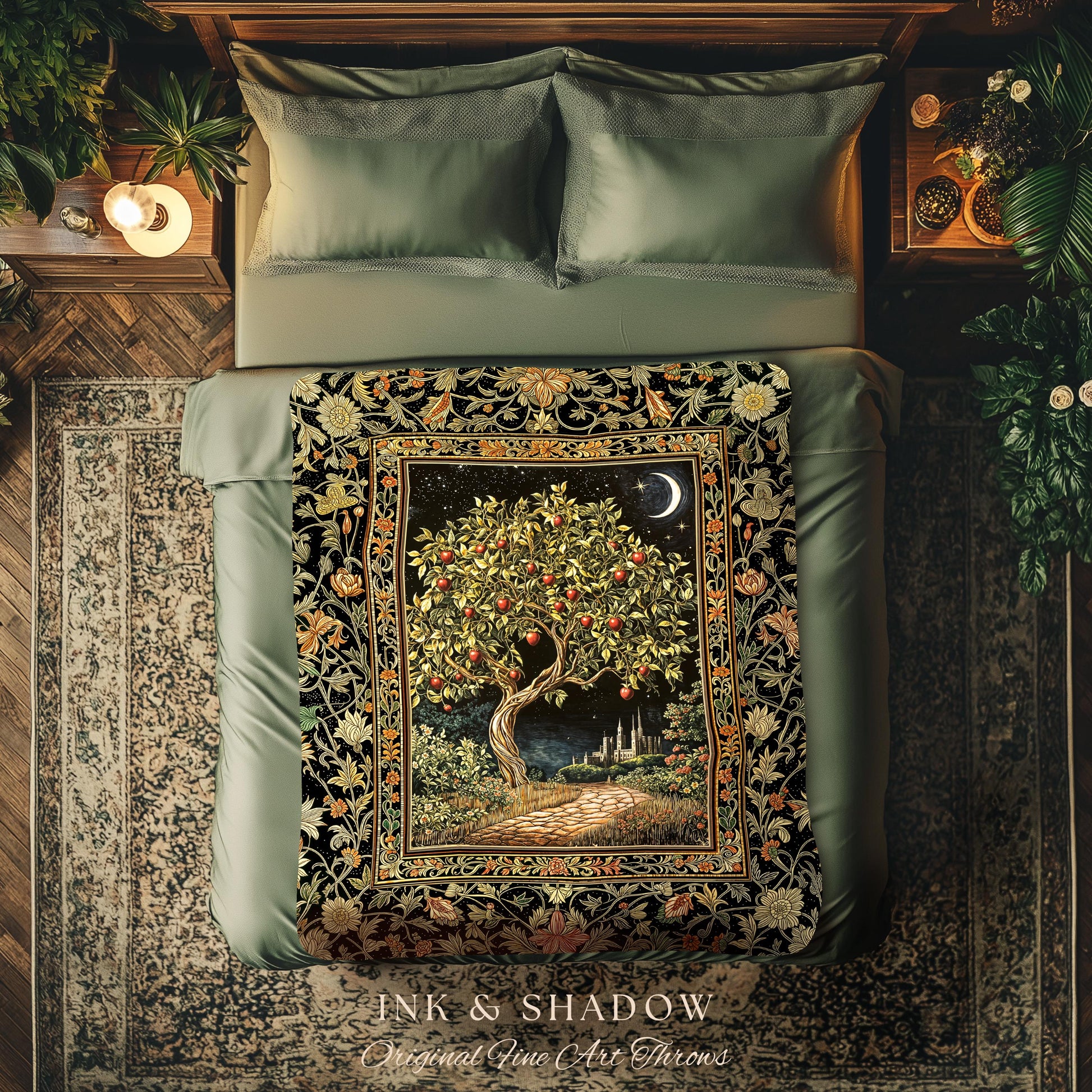 Starlit Storybook Tree Blanket | Dreamy Woven Bedroom Decor Folklore Castle Garden Magic Moody Celestial Home Folklore Tapestry Bohemian |