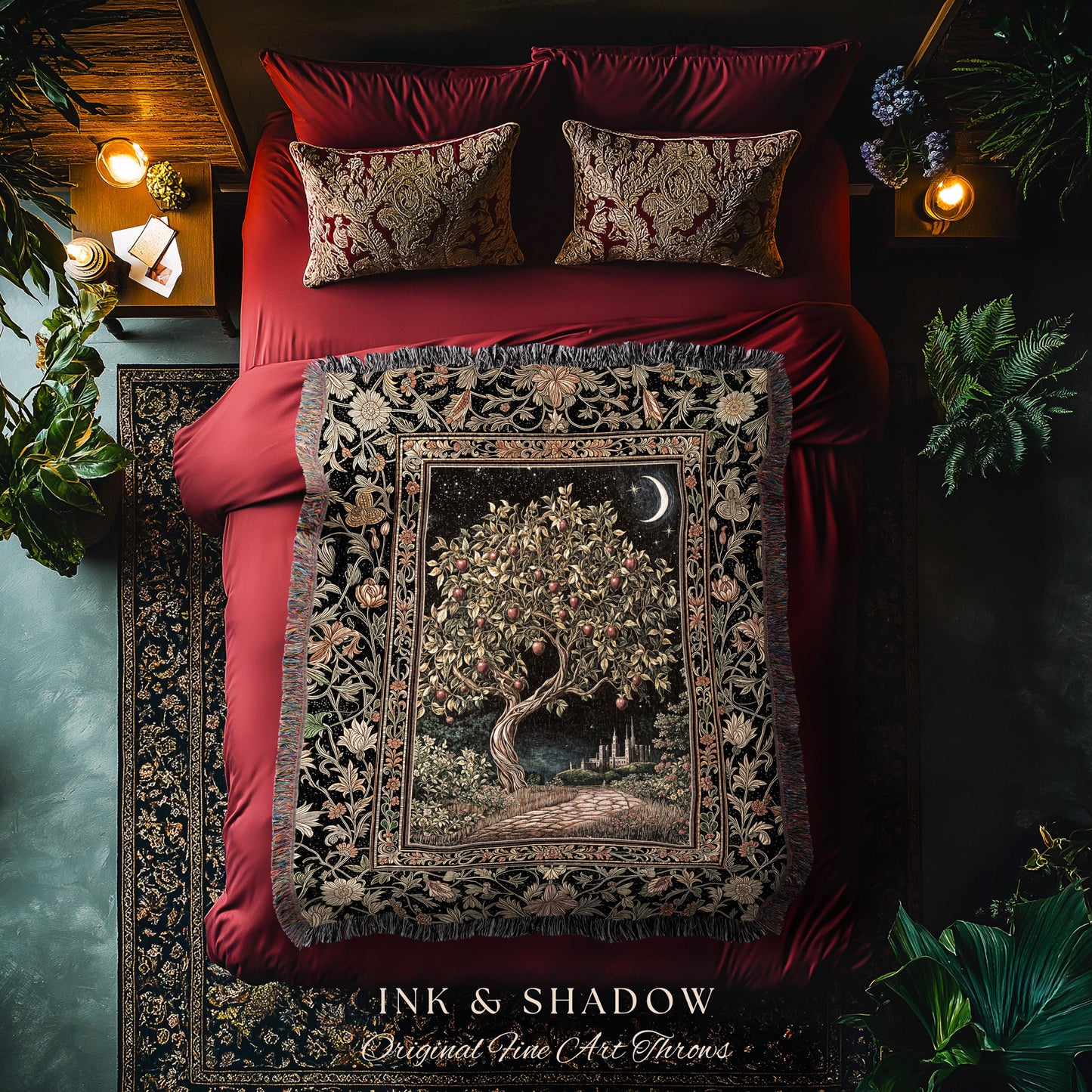 Starlit Storybook Tree Blanket | Dreamy Woven Bedroom Decor Folklore Castle Garden Magic Moody Celestial Home Folklore Tapestry Bohemian |