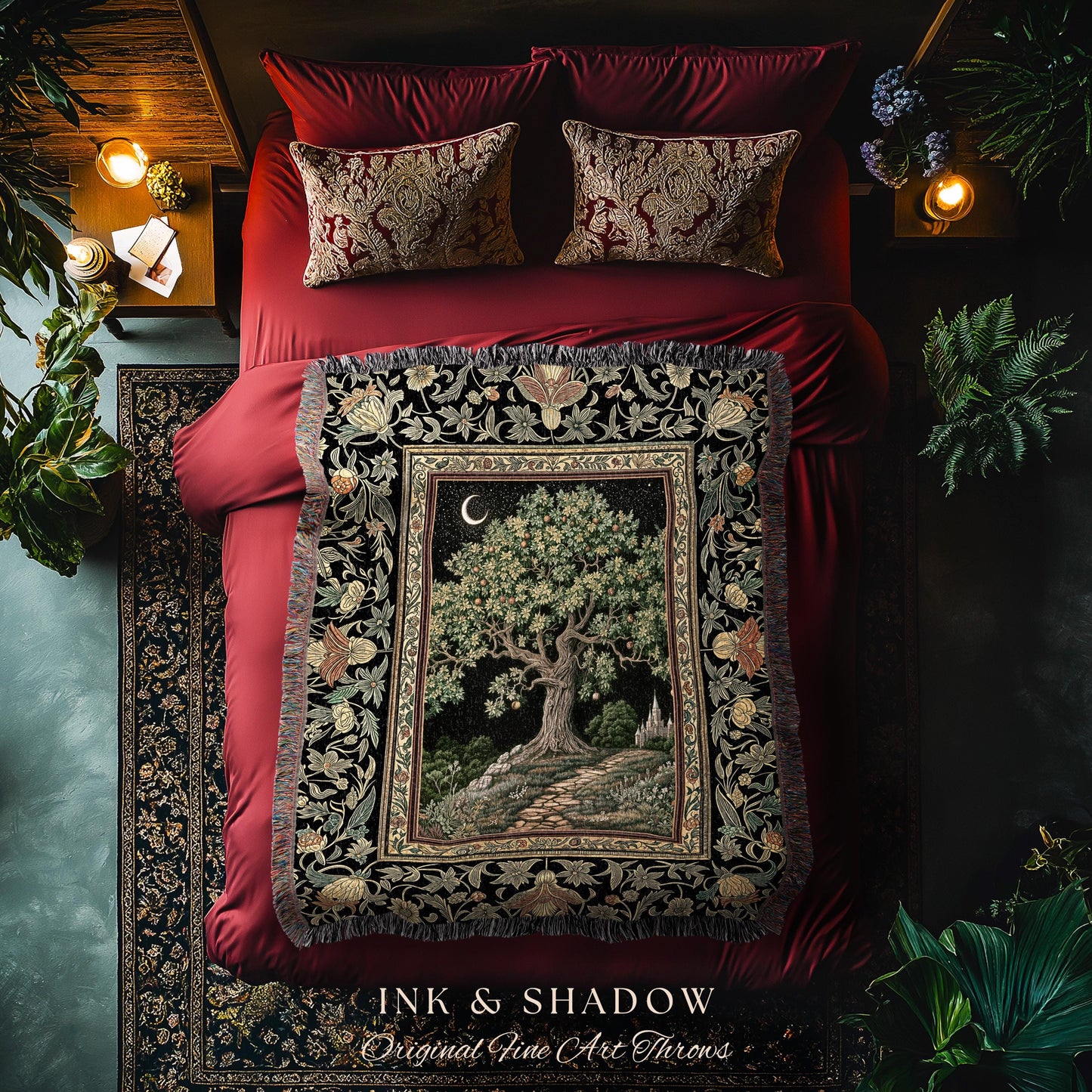 Emerald Aesthetic Folklore Throw Blanket | Celestial Tree of Life Moonlit Forest Enchanted Mystic Woodland Dapestry Dark Cottagecore Decor |