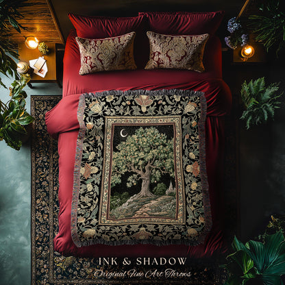 Emerald Aesthetic Folklore Throw Blanket | Celestial Tree of Life Moonlit Forest Enchanted Mystic Woodland Dapestry Dark Cottagecore Decor |