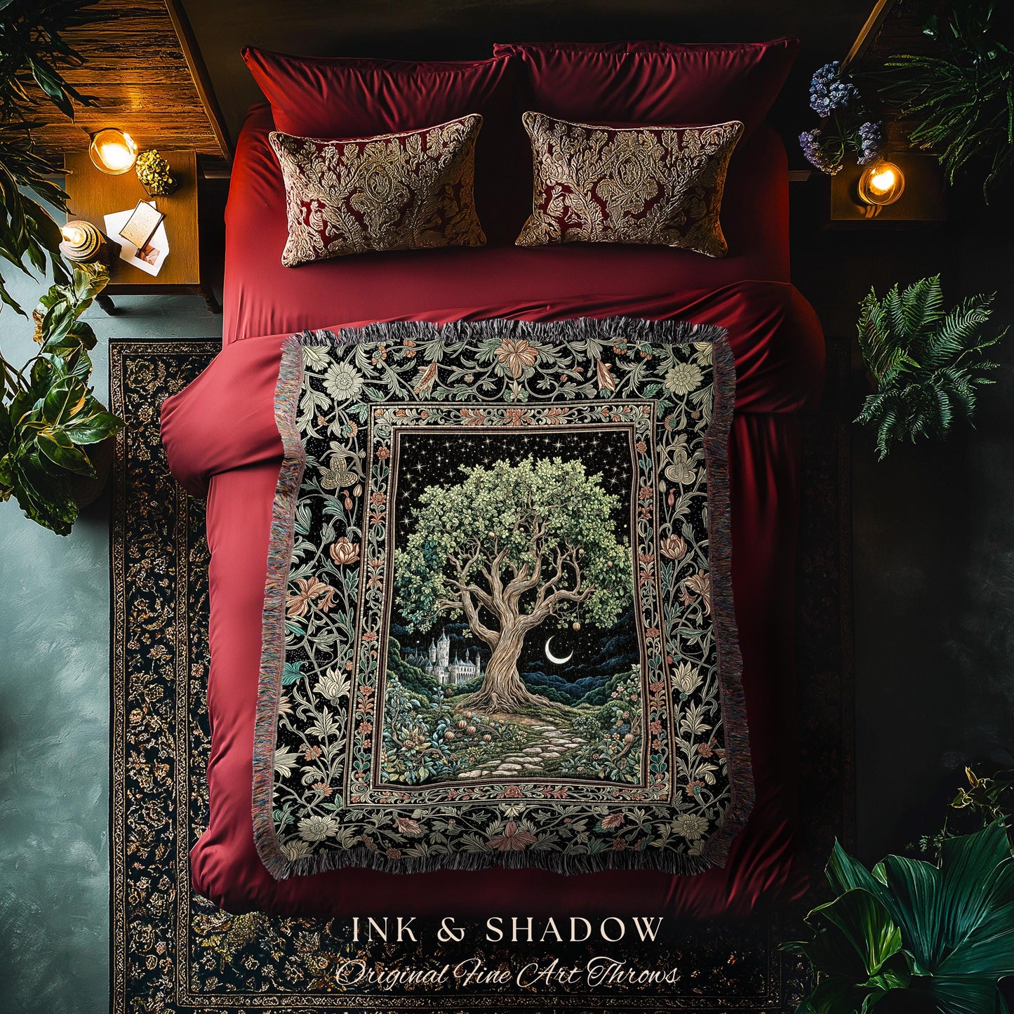 Fairytale Castle Tree of Life Throw Blanket | Celestial Forest Landscape Starry Sky Witchy Aesthetic Mystical Cottagecore Woven Tapestry |