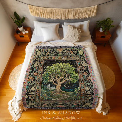 Fairytale Castle Tree of Life Throw Blanket | Celestial Forest Landscape Starry Sky Witchy Aesthetic Mystical Cottagecore Woven Tapestry |