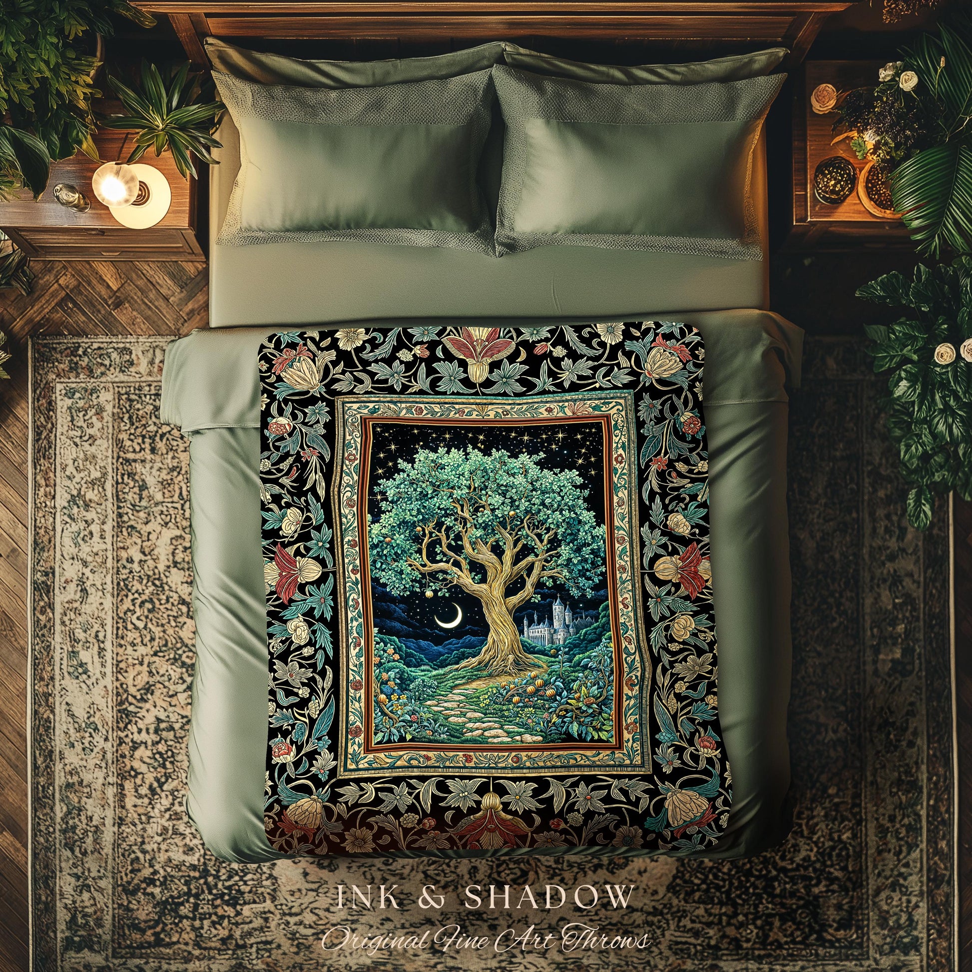 Fantasy Castle Tree of Life Throw Blanket | Celestial Moon Decor Star Garden Design Folklore Inspired Tapestry Enchanted Forest Medieval |