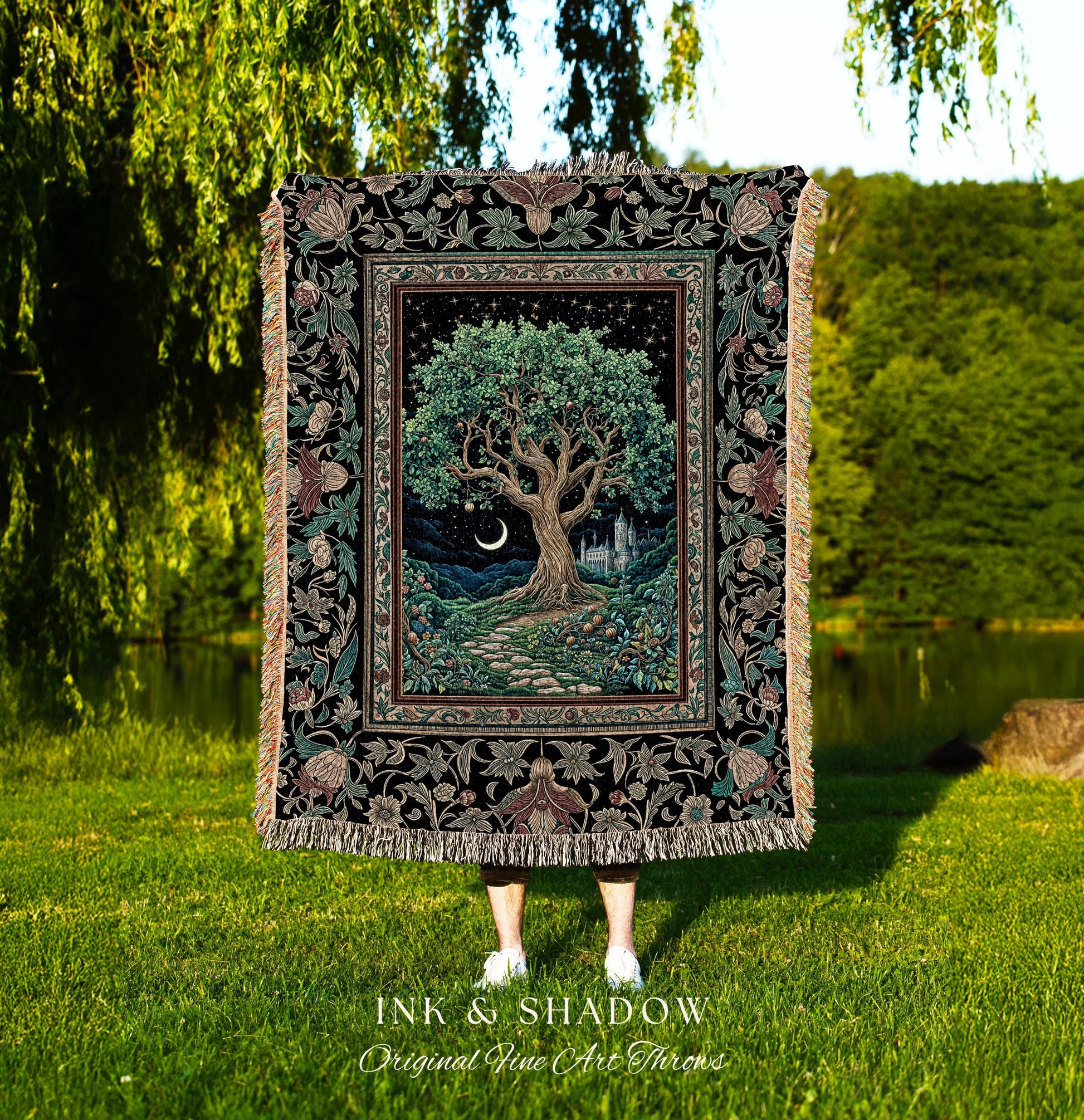 Fantasy Castle Tree of Life Throw Blanket | Celestial Moon Decor Star Garden Design Folklore Inspired Tapestry Enchanted Forest Medieval |