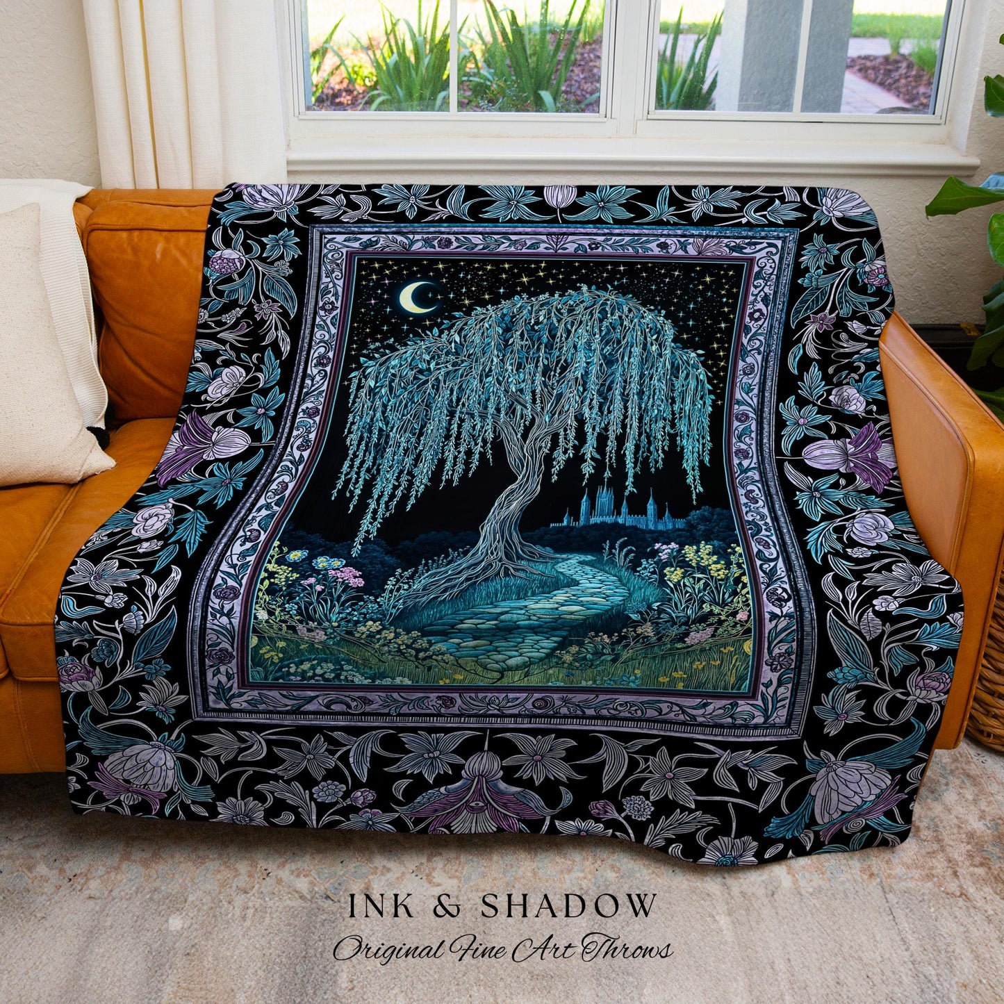 Dreamy Willow Tree Moody Throw Blanket | Enchanted Aesthetic Celestial Folklore Storybook Witchy Home Accent Dark Academia Medieval Tapestry