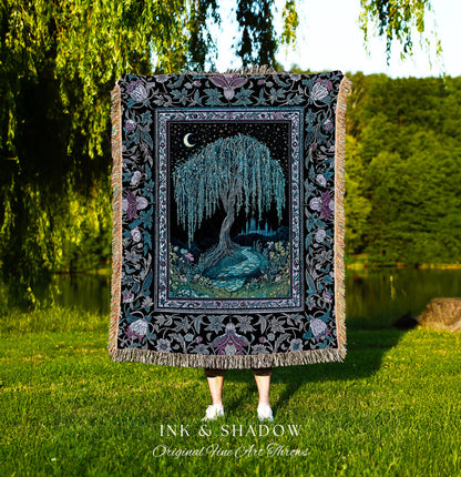 Dreamy Willow Tree Moody Throw Blanket | Enchanted Aesthetic Celestial Folklore Storybook Witchy Home Accent Dark Academia Medieval Tapestry
