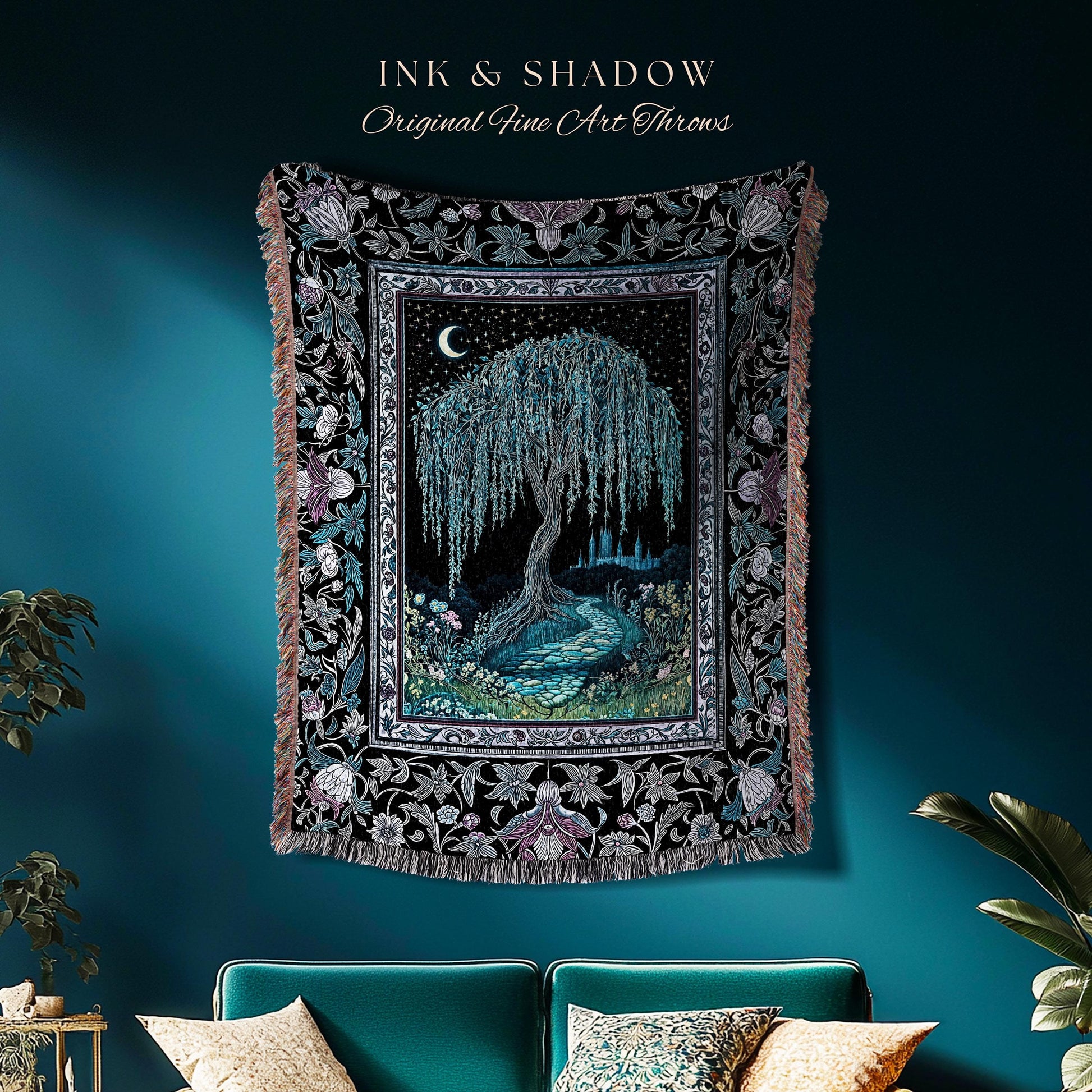 Dreamy Willow Tree Moody Throw Blanket | Enchanted Aesthetic Celestial Folklore Storybook Witchy Home Accent Dark Academia Medieval Tapestry
