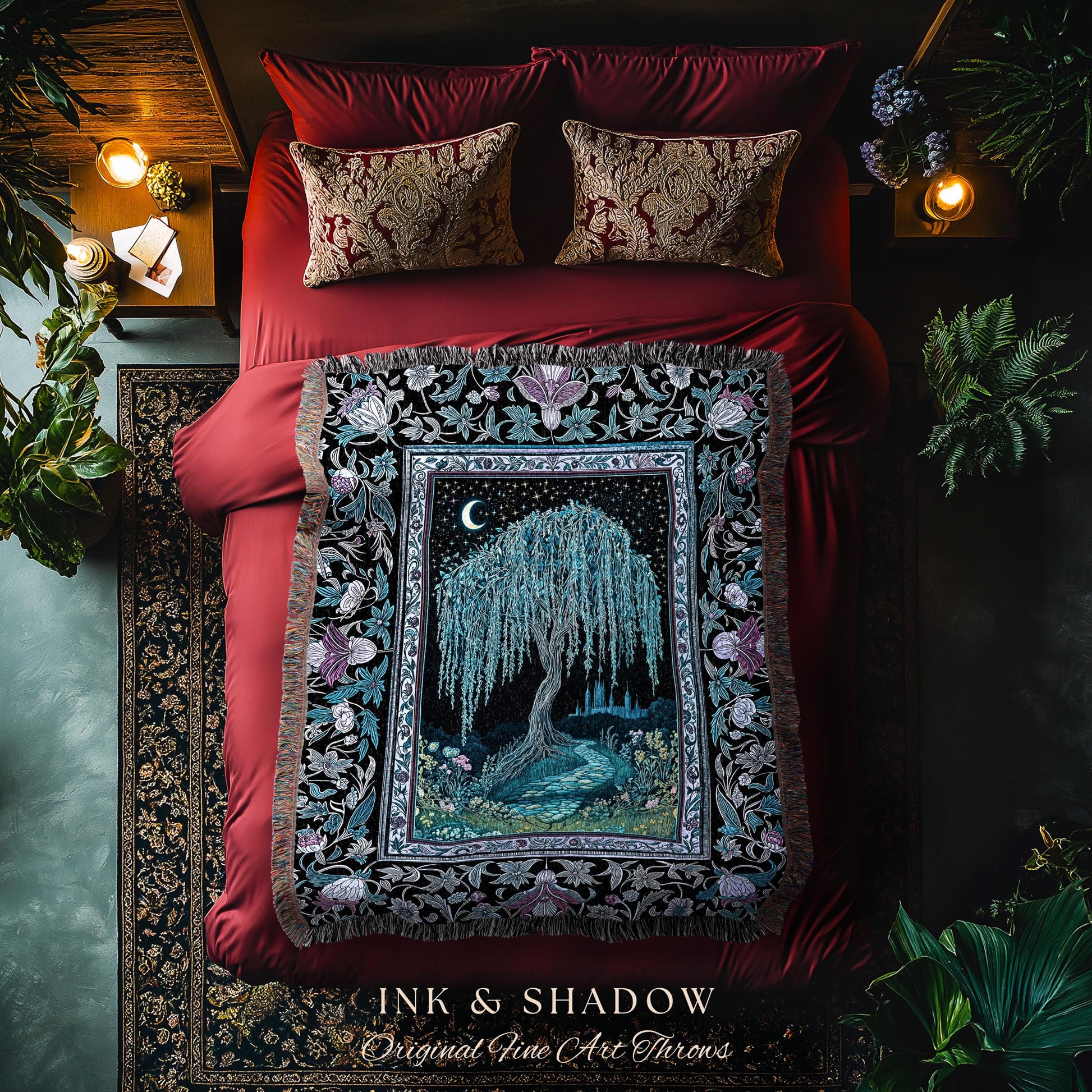 Dreamy Willow Tree Moody Throw Blanket | Enchanted Aesthetic Celestial Folklore Storybook Witchy Home Accent Dark Academia Medieval Tapestry