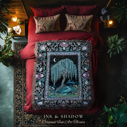 Dreamy Willow Tree Moody Throw Blanket | Enchanted Aesthetic Celestial Folklore Storybook Witchy Home Accent Dark Academia Medieval Tapestry
