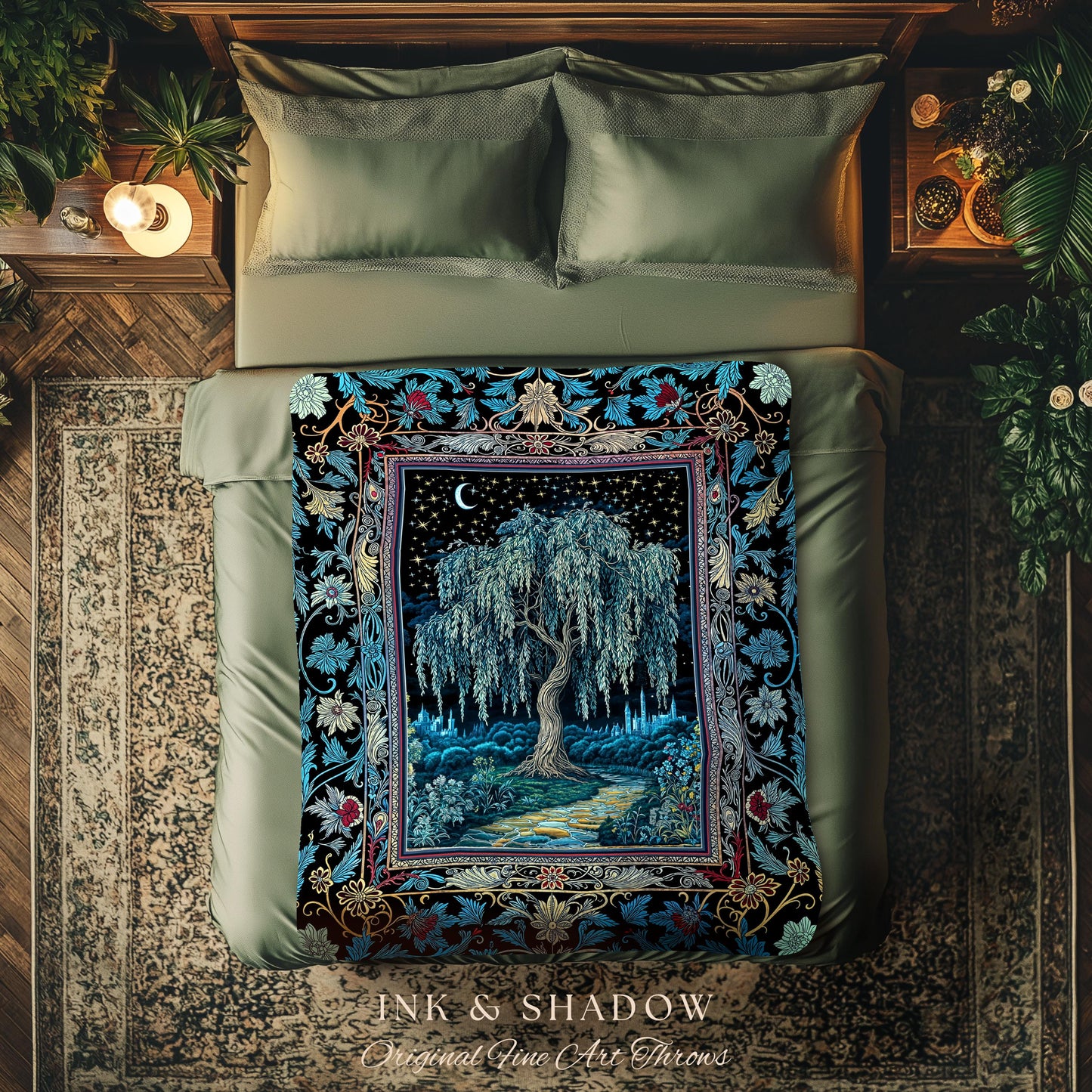 Starry Night Weeping Willow Tree Blanket | Woodland Folklore Aesthetic Moonlit Castle Fairytale Decor Ethereal Witchy Woven Wall Tapestry |