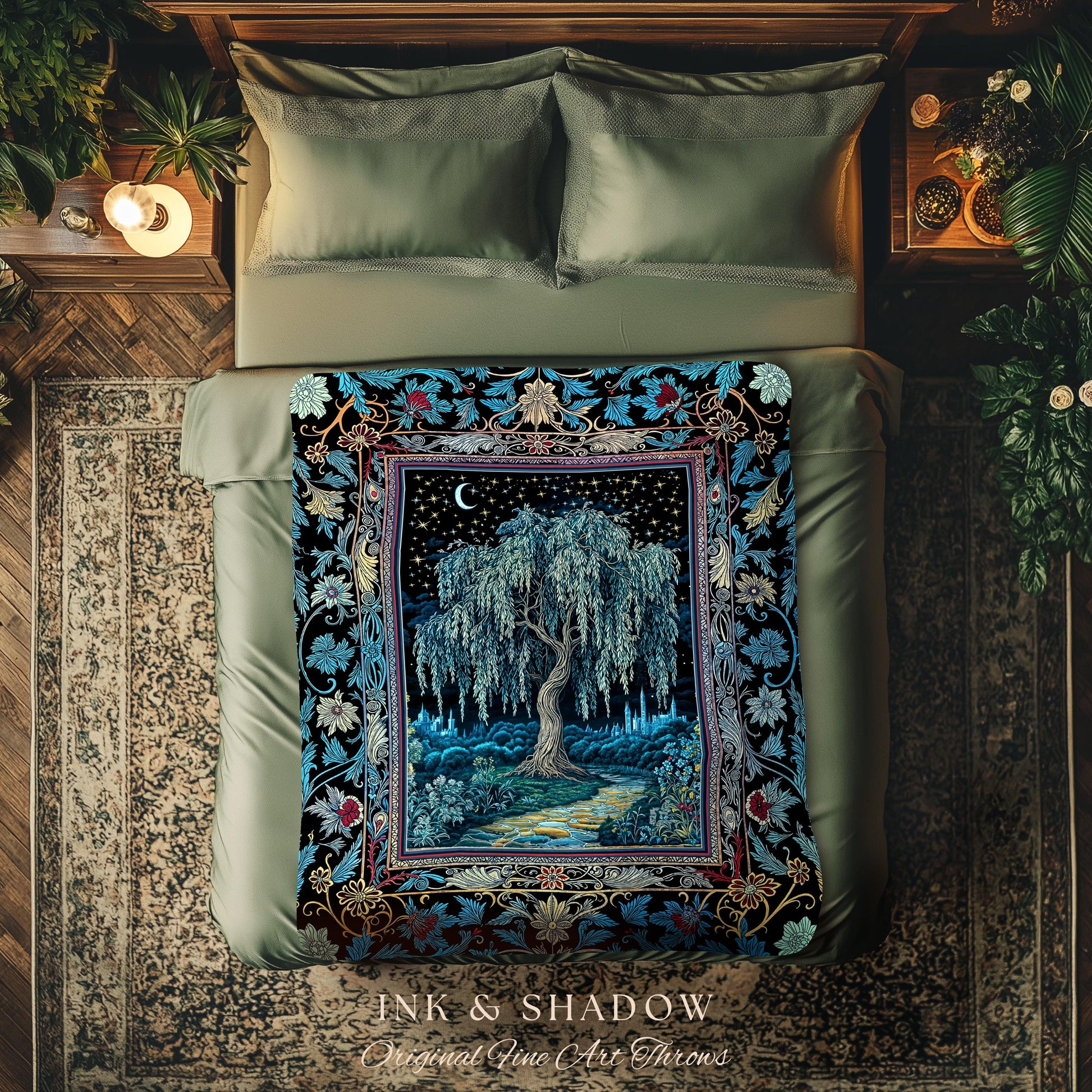 Starry Night Weeping Willow Tree Blanket | Woodland Folklore Aesthetic Moonlit Castle Fairytale Decor Ethereal Witchy Woven Wall Tapestry |