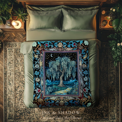 Starry Night Weeping Willow Tree Blanket | Woodland Folklore Aesthetic Moonlit Castle Fairytale Decor Ethereal Witchy Woven Wall Tapestry |
