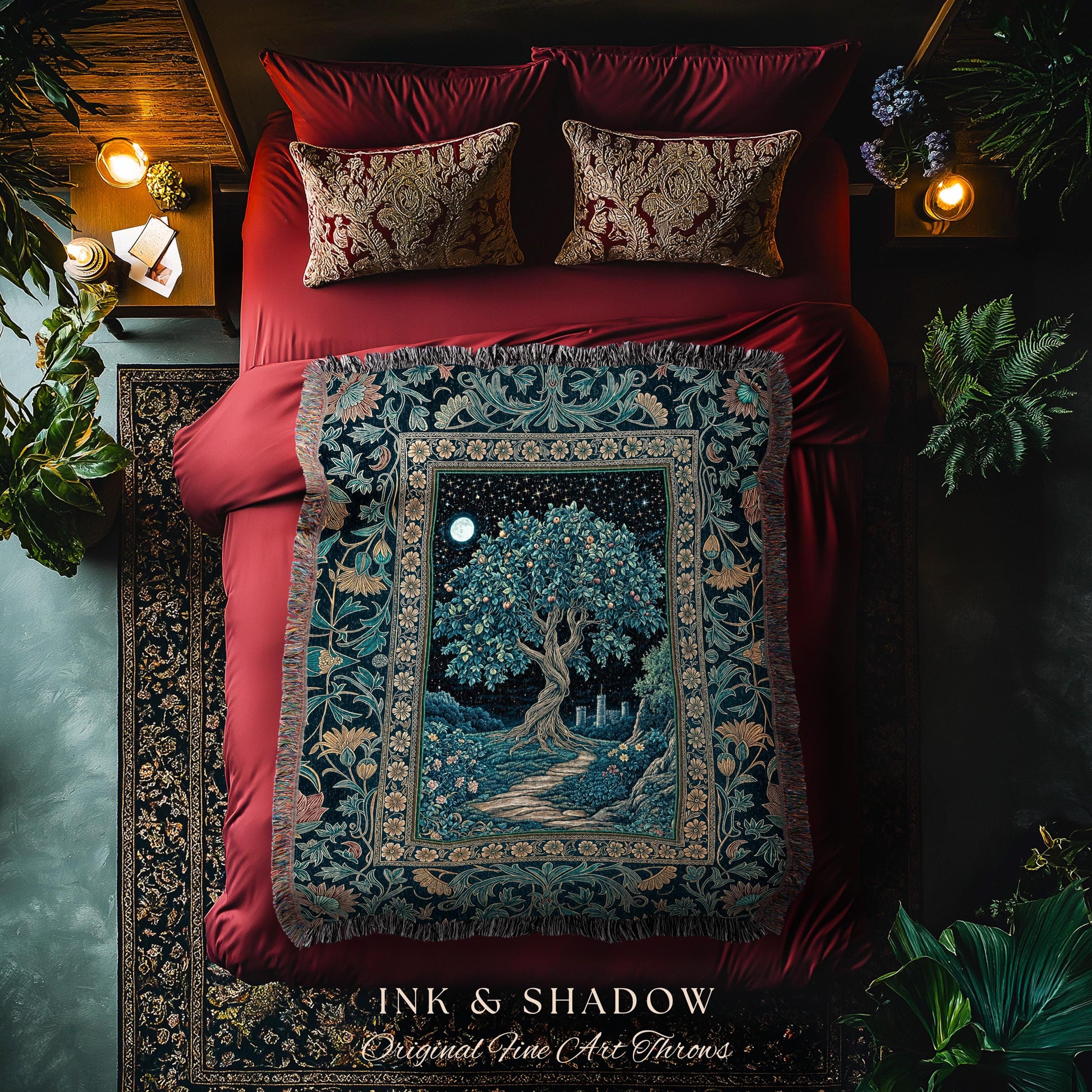 Enchanted Woodland Path Throw Blanket | Dreamy Moonlit Medieval Garden Decor Celestial Willow Tree Fantasy Style Gothic Woven Wall Tapestry