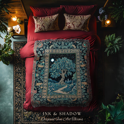Enchanted Woodland Path Throw Blanket | Dreamy Moonlit Medieval Garden Decor Celestial Willow Tree Fantasy Style Gothic Woven Wall Tapestry