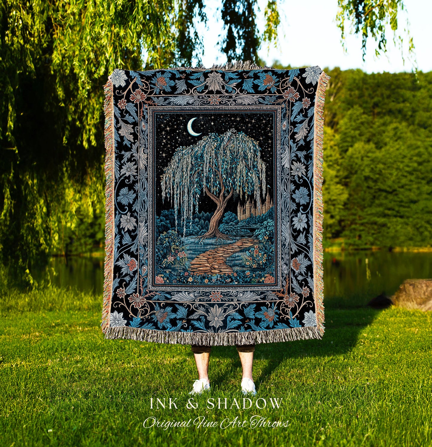 Crescent Moon Medieval Forest Blanket | Weeping Willow Tree Fairytale Castle Garden Folklore Decor Celestial Woven Tapestry Witchcore Throw