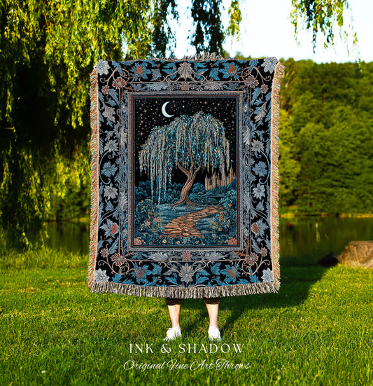Crescent Moon Medieval Forest Blanket | Weeping Willow Tree Fairytale Castle Garden Folklore Decor Celestial Woven Tapestry Witchcore Throw