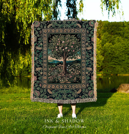 Countryside Sunset Tree of Life Blanket | Elegant Floral Landscape Wildflower Decor Nature Inspired Cottagecore Woven Tapestry Storybook |