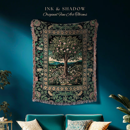 Countryside Sunset Tree of Life Blanket | Elegant Floral Landscape Wildflower Decor Nature Inspired Cottagecore Woven Tapestry Storybook |