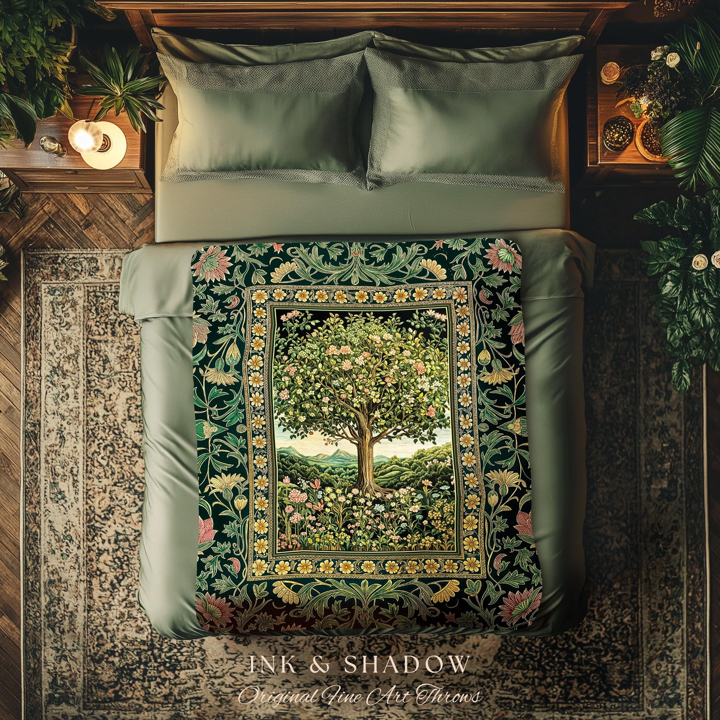 Pastoral Wildflower Garden Tree Tapestry | Floral Mountain Decor Romantic Landscape Woven Throw Blanket Botanical Romantic Cottagecore Art |