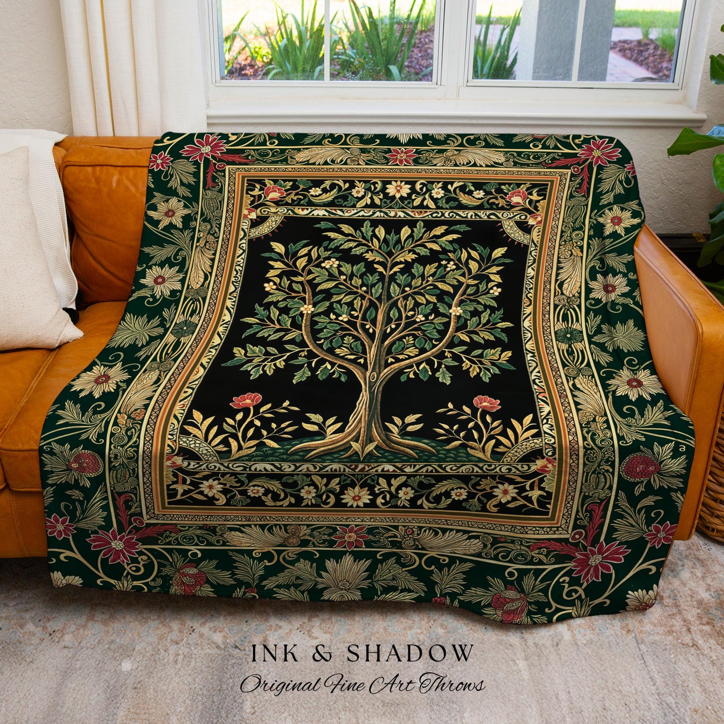 Folk Art Tree of Life Throw Blanket | Whimsical Pastel Botanical Theme Symmetrical Floral Ornate Wall Tapestry Classic Aesthetic Medieval |
