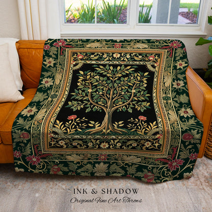 Folk Art Tree of Life Throw Blanket | Whimsical Pastel Botanical Theme Symmetrical Floral Ornate Wall Tapestry Classic Aesthetic Medieval |