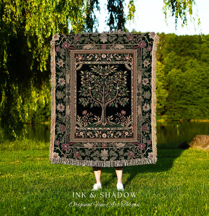 Folk Art Tree of Life Throw Blanket | Whimsical Pastel Botanical Theme Symmetrical Floral Ornate Wall Tapestry Classic Aesthetic Medieval |